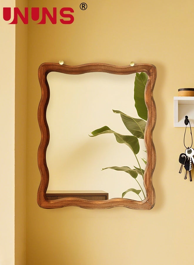 UNUNS Hanging Mirror Brown Wooden Framed Bathroom Mirror Rectangle Mirror with Wave Pattern Solid Wood Frame,Anti-Rust,Wall mirror for Living Room Bedroom Bathroom Home Decor（wave design） - Image 1